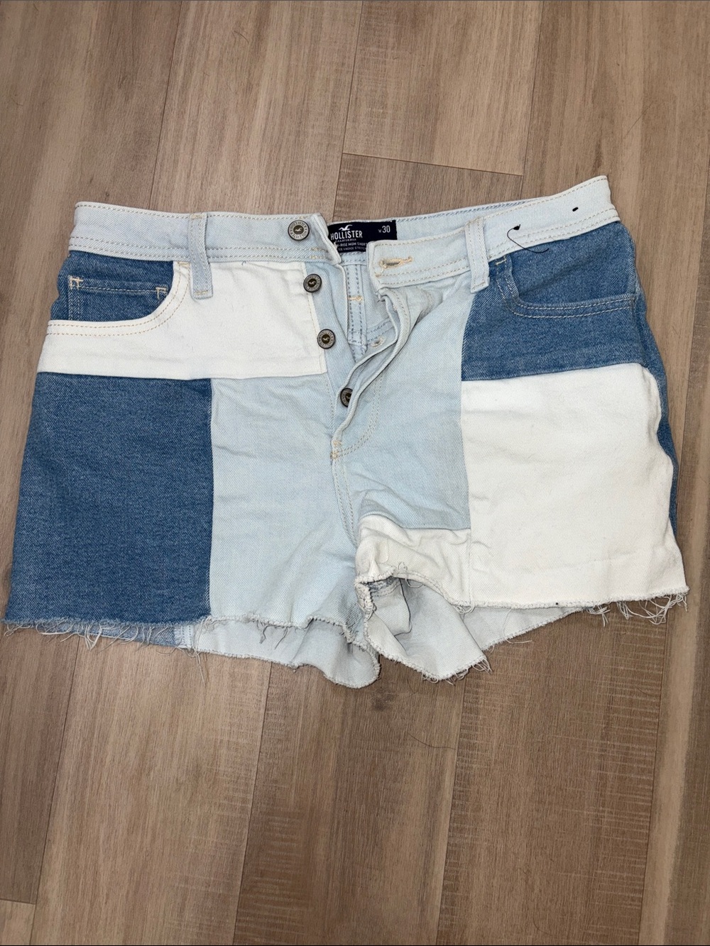 Hollister Women's Patchwork Two-Tone Denim Shorts - Light Blue & Dark Blue